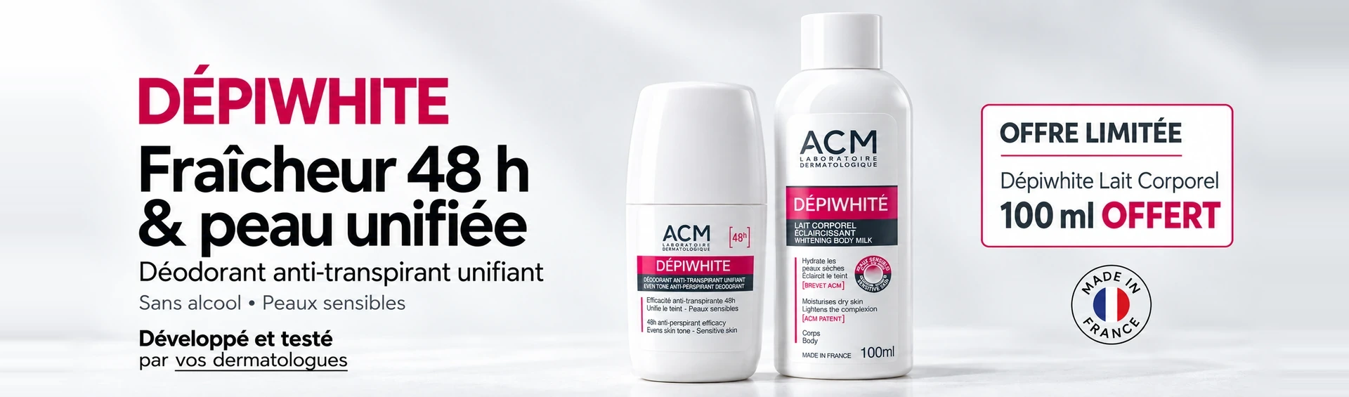 ACM Dépiwhite déodorant anti-transpirant unifiant 48h : Dépiwhite lait corporel 100 ml offert