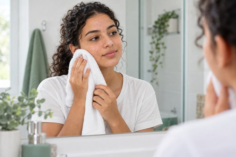 Adolescente présentant quelques boutons, séchant doucement son visage avec une serviette propre