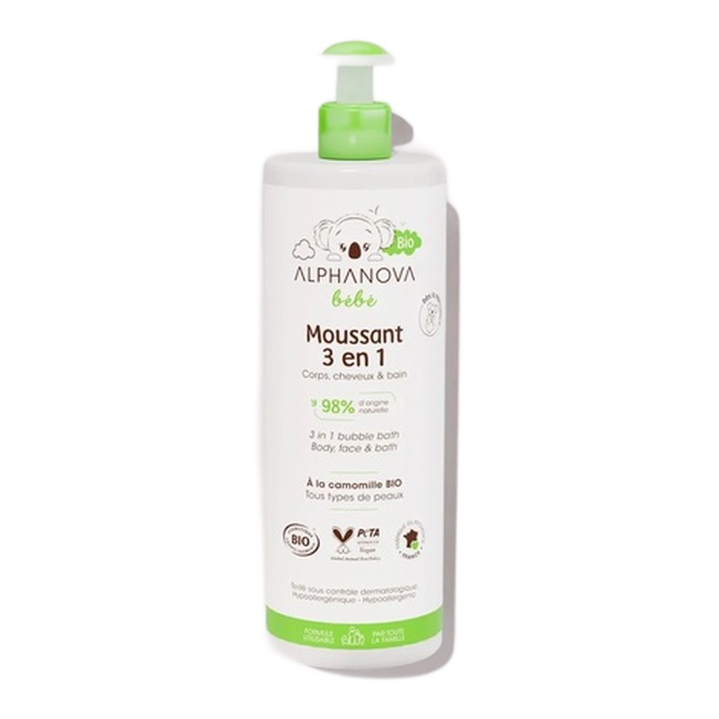 Alphanova Bébé Bio Moussant 3 en 1 Corps, Cheveux & Bain 400 ml