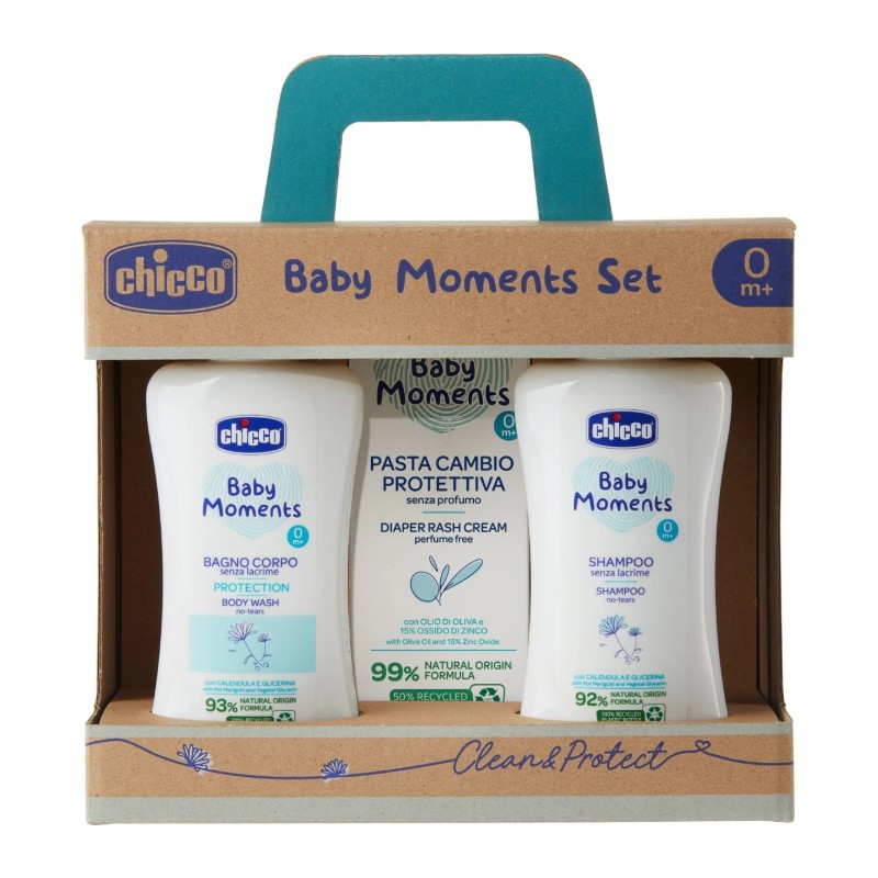 Chicco Baby Moments Coffret Clean & Protect [Gel Douche + Shampooing + Crème Change]