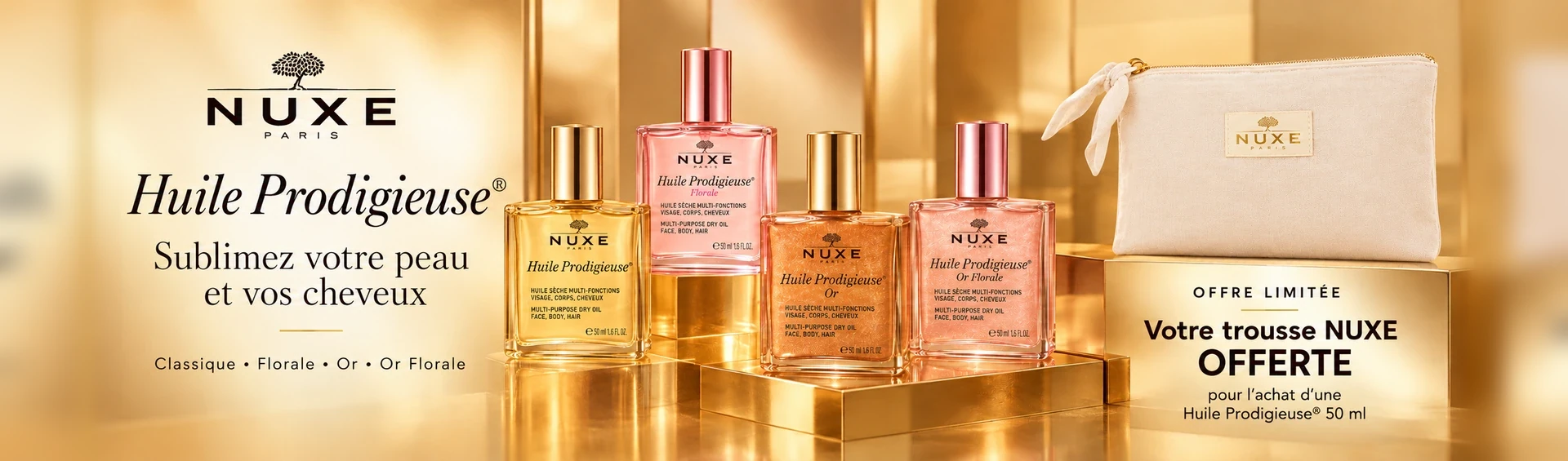 Nuxe Huile Prodigieuse Classique, Florale, Or et Or Florale : trousse Nuxe offerte pour l’achat d’une Huile Prodigieuse 50 ml
