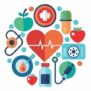 Illustration santé avec cœur, médicaments et stéthoscope – santé et compléments alimentaires