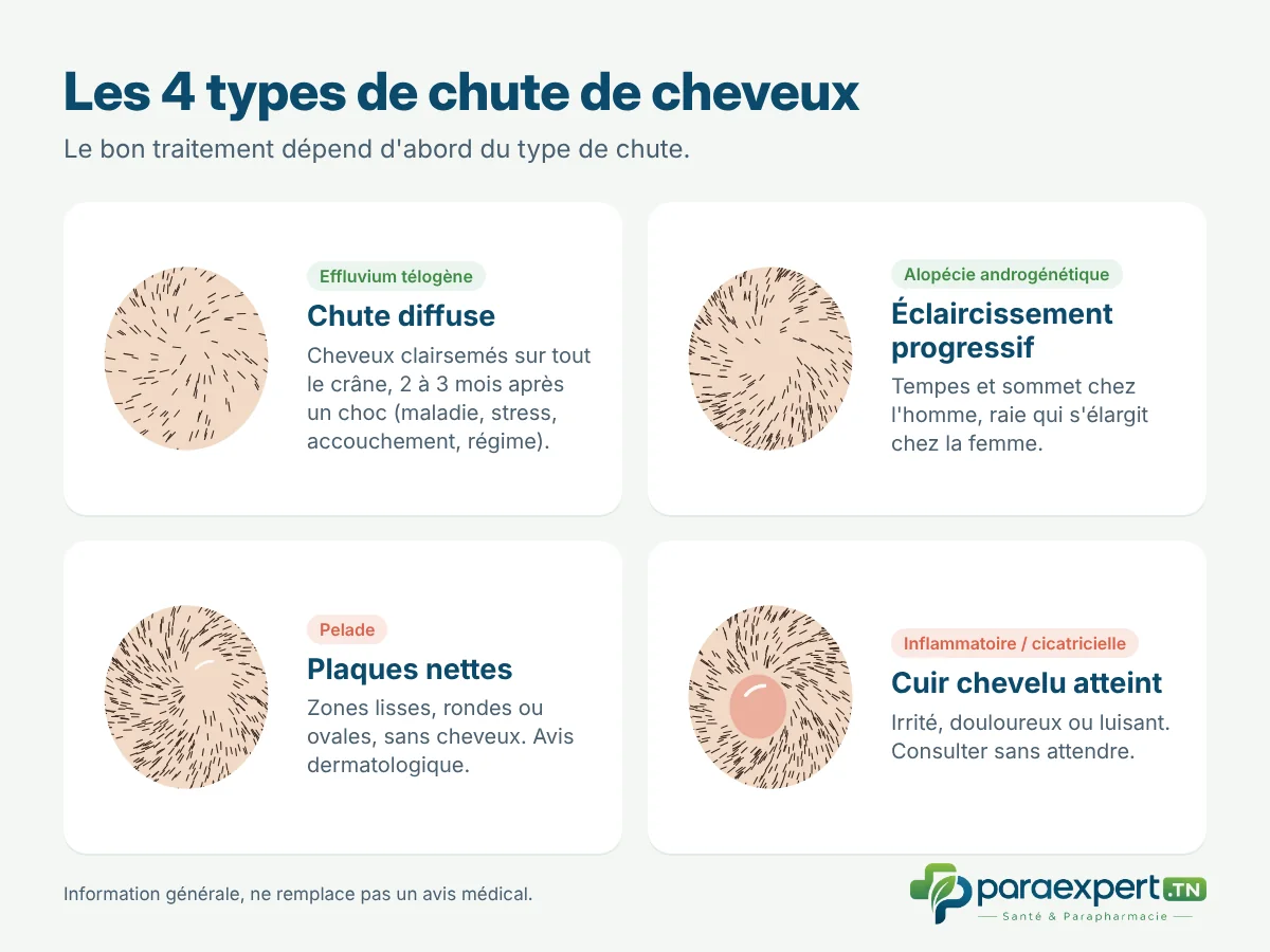 Les 4 types de chute de cheveux : chute diffuse, alopécie androgénétique, pelade en plaques et alopécie inflammatoire ou cicatricielle